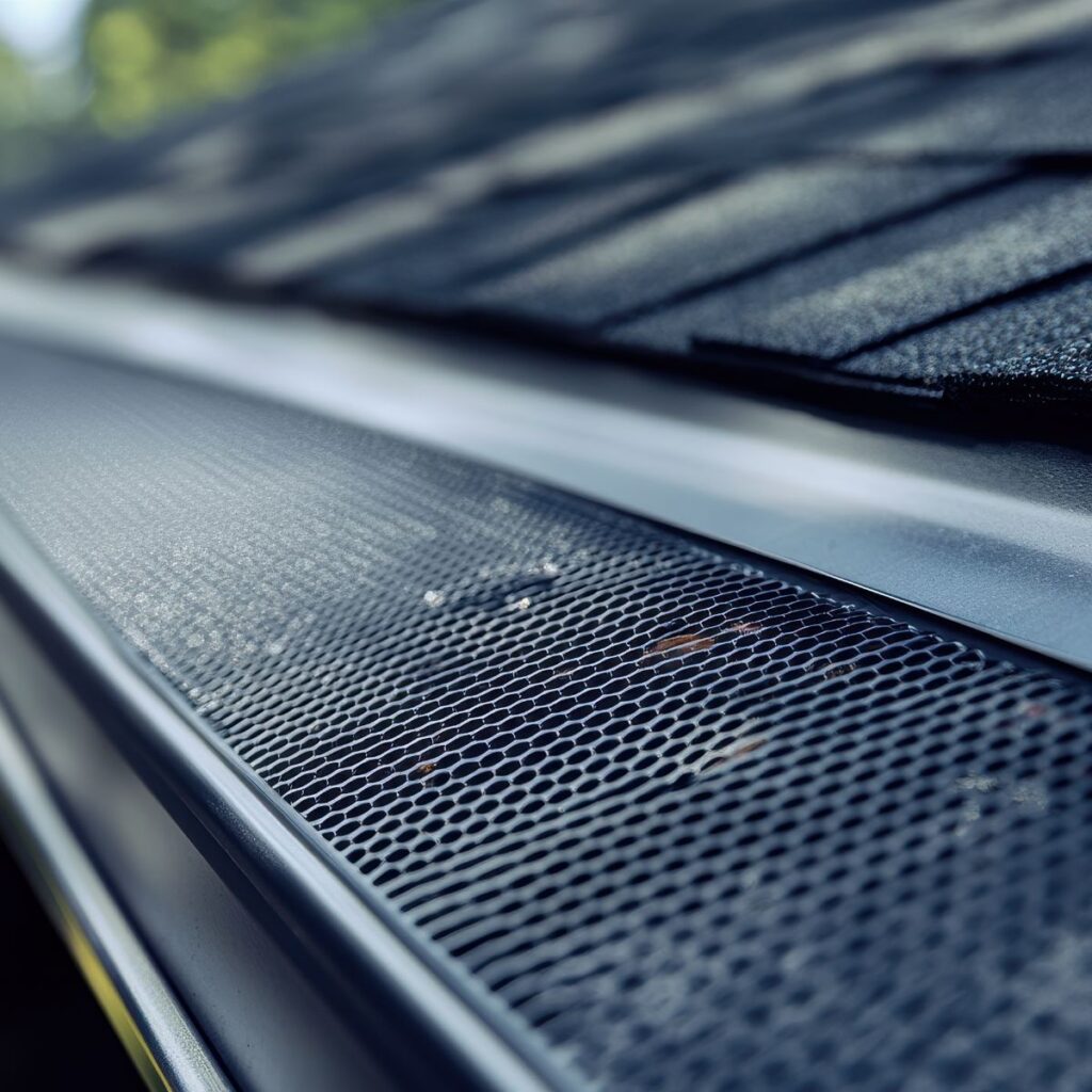 Macro shot of a mesh gutter guard installed along a shingle roofline