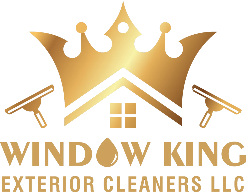 A golden crown sits above a golden house silhouette with window panes, flanked by golden squeegees, with "WINDOW KING EXTERIOR CLEANERS LLC" written below