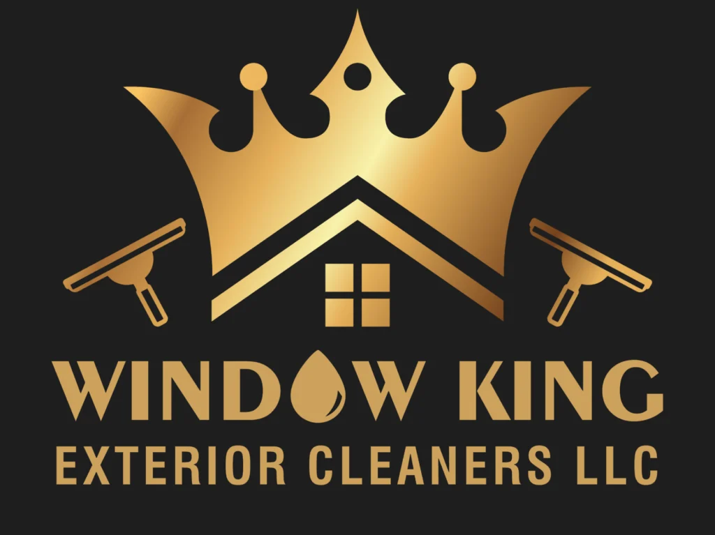 A golden crown sits above a golden house silhouette with window panes, flanked by golden squeegees, with "WINDOW KING EXTERIOR CLEANERS LLC" written below, all on a black background