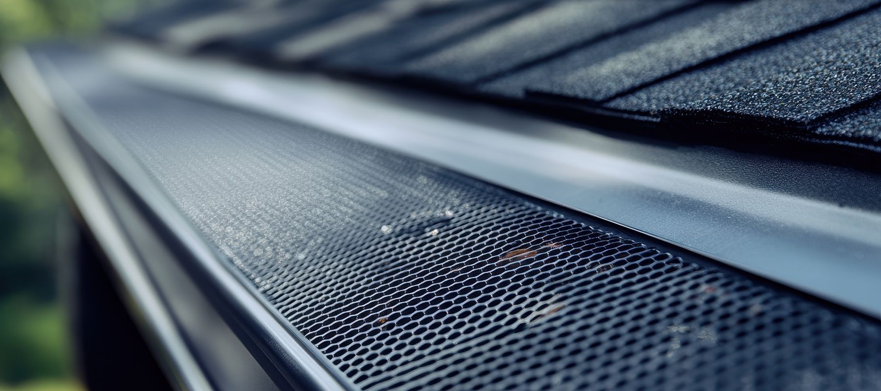 A detailed view of a metal mesh gutter guard installed along a roof edge to block debris